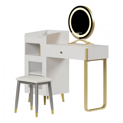 HMR - Modern White Retractable Makeup Vanity Set with Side Cabinet Dressing Table with Light
