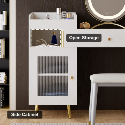HMR - Modern White Retractable Makeup Vanity Set with Side Cabinet Dressing Table with Light