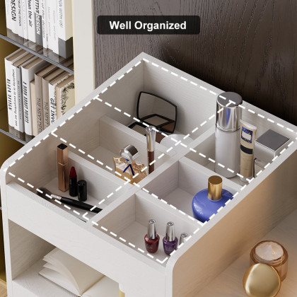 HMR - Modern White Retractable Makeup Vanity Set with Side Cabinet Dressing Table with Light