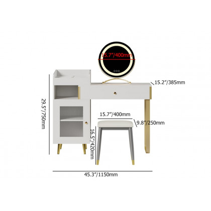 HMR - Modern White Retractable Makeup Vanity Set with Side Cabinet Dressing Table with Light