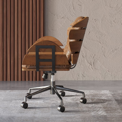 HMR - Brown Industrial Swivel Office Chair Leather Upholstered Task Chair Adjustable Height