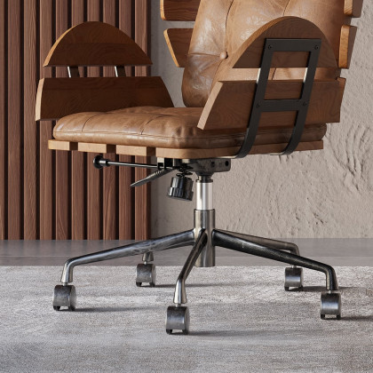 HMR - Brown Industrial Swivel Office Chair Leather Upholstered Task Chair Adjustable Height