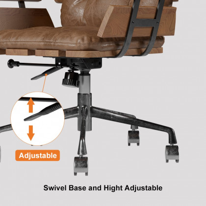 HMR - Brown Industrial Swivel Office Chair Leather Upholstered Task Chair Adjustable Height