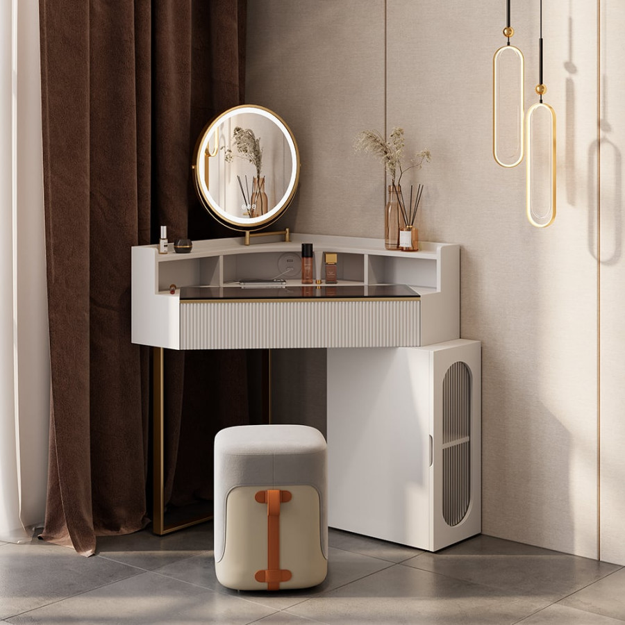 HMR - Modern White Corner Makeup Vanity Set with Acrylic Top & Mirror & Stool & Cabinet