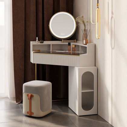 HMR - Modern White Corner Makeup Vanity Set with Acrylic Top & Mirror & Stool & Cabinet