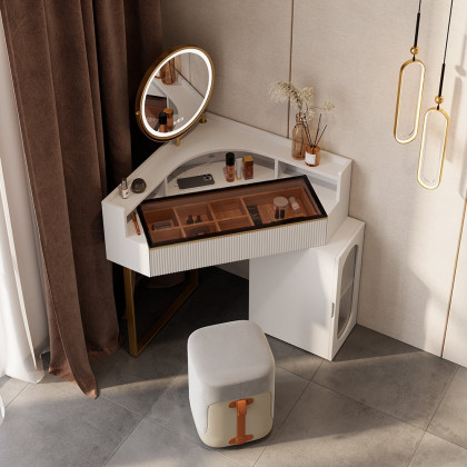 HMR - Modern White Corner Makeup Vanity Set with Acrylic Top & Mirror & Stool & Cabinet