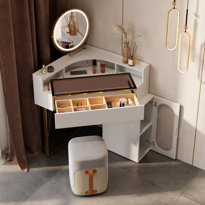 HMR - Modern White Corner Makeup Vanity Set with Acrylic Top & Mirror & Stool & Cabinet