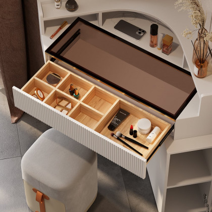 HMR - Modern White Corner Makeup Vanity Set with Acrylic Top & Mirror & Stool & Cabinet