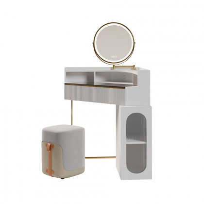 HMR - Modern White Corner Makeup Vanity Set with Acrylic Top & Mirror & Stool & Cabinet