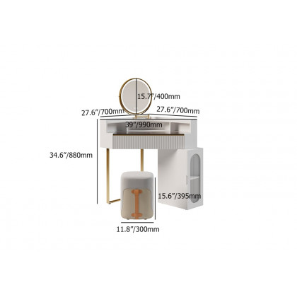 HMR - Modern White Corner Makeup Vanity Set with Acrylic Top & Mirror & Stool & Cabinet