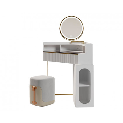 HMR - Modern White Corner Makeup Vanity Set with Acrylic Top & Mirror & Stool & Cabinet