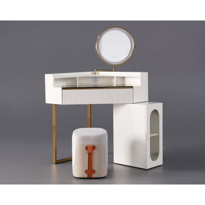 HMR - Modern White Corner Makeup Vanity Set with Acrylic Top & Mirror & Stool & Cabinet