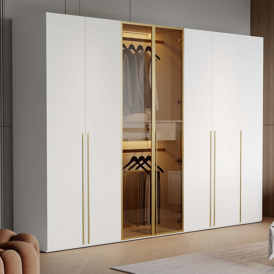 HMR - White & Gold Modern Extra Wide Wardrobe with Clear Glass Door Storage with Sensor Light