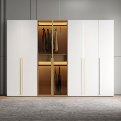 HMR - White & Gold Modern Extra Wide Wardrobe with Clear Glass Door Storage with Sensor Light