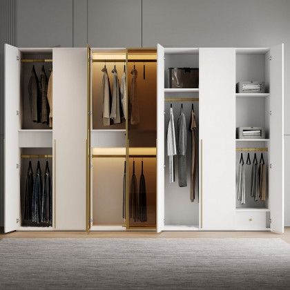 HMR - White & Gold Modern Extra Wide Wardrobe with Clear Glass Door Storage with Sensor Light