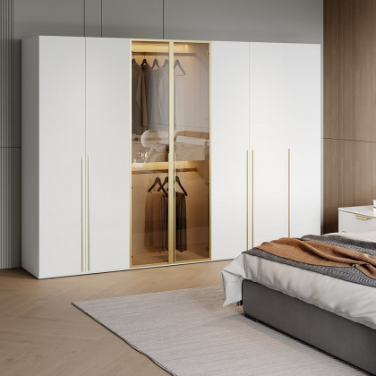 HMR - White & Gold Modern Extra Wide Wardrobe with Clear Glass Door Storage with Sensor Light