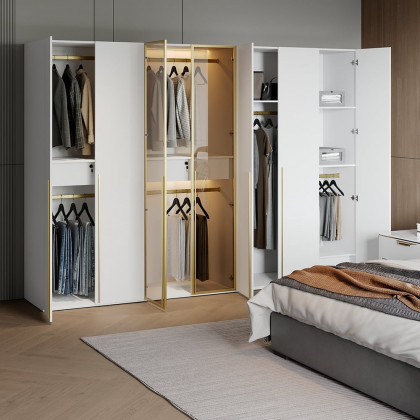 HMR - White & Gold Modern Extra Wide Wardrobe with Clear Glass Door Storage with Sensor Light