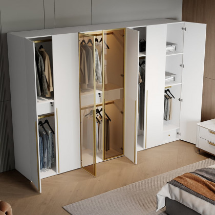 HMR - White & Gold Modern Extra Wide Wardrobe with Clear Glass Door Storage with Sensor Light
