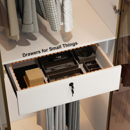 HMR - White & Gold Modern Extra Wide Wardrobe with Clear Glass Door Storage with Sensor Light