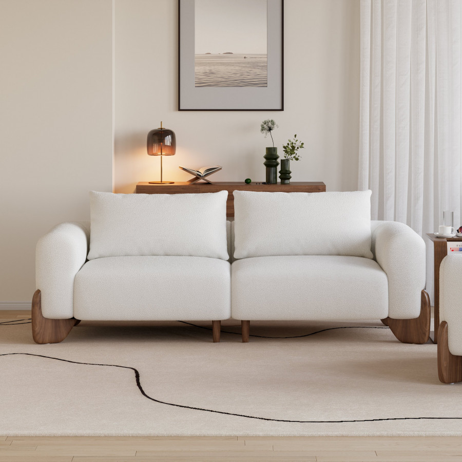 HMR - Curva 78" White Boucle Upholstered Wood Legs 2-Seat Sofa
