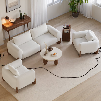HMR - Curva 78" White Boucle Upholstered Wood Legs 2-Seat Sofa