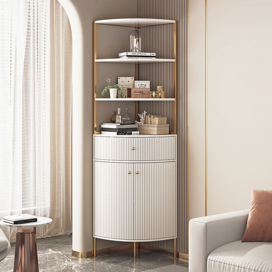 HMR - 74.8" Modern White Etagere Corner Bookshelf 1 Drawer & 2 Doors Wooden Tall Bookcase