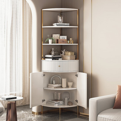HMR - 74.8" Modern White Etagere Corner Bookshelf 1 Drawer & 2 Doors Wooden Tall Bookcase