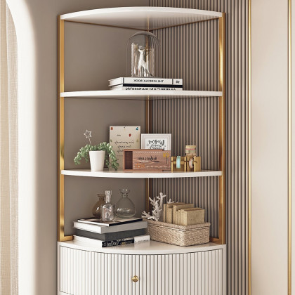 HMR - 74.8" Modern White Etagere Corner Bookshelf 1 Drawer & 2 Doors Wooden Tall Bookcase