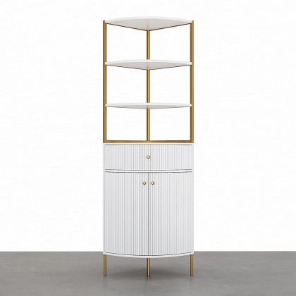 HMR - 74.8" Modern White Etagere Corner Bookshelf 1 Drawer & 2 Doors Wooden Tall Bookcase