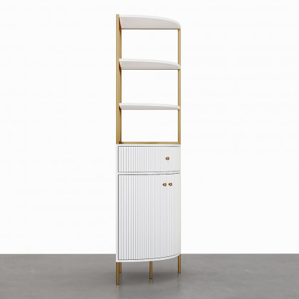 HMR - 74.8" Modern White Etagere Corner Bookshelf 1 Drawer & 2 Doors Wooden Tall Bookcase