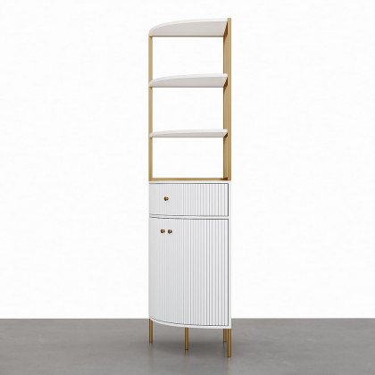 HMR - 74.8" Modern White Etagere Corner Bookshelf 1 Drawer & 2 Doors Wooden Tall Bookcase