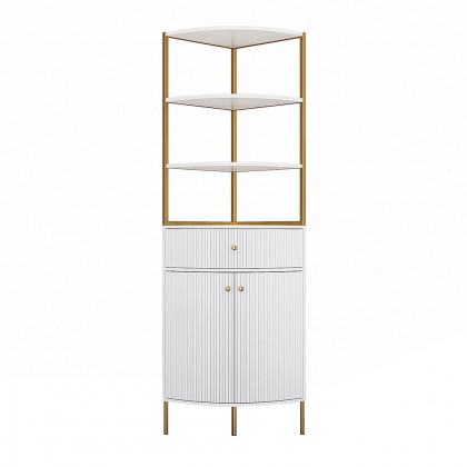 HMR - 74.8" Modern White Etagere Corner Bookshelf 1 Drawer & 2 Doors Wooden Tall Bookcase