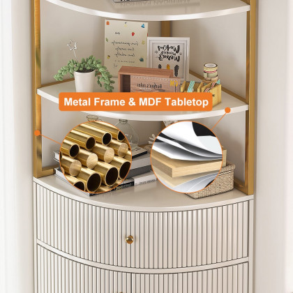 HMR - 74.8" Modern White Etagere Corner Bookshelf 1 Drawer & 2 Doors Wooden Tall Bookcase