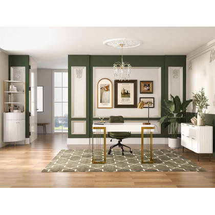 HMR - 74.8" Modern White Etagere Corner Bookshelf 1 Drawer & 2 Doors Wooden Tall Bookcase