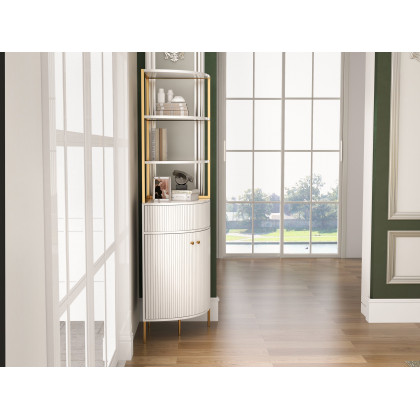 HMR - 74.8" Modern White Etagere Corner Bookshelf 1 Drawer & 2 Doors Wooden Tall Bookcase