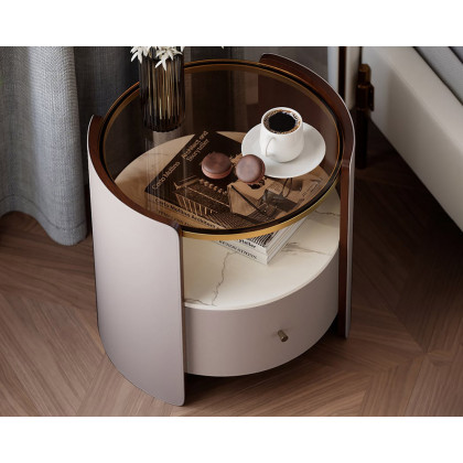 HMR - Modern Round Leather Nightstand with Glass Top & Sintered Stone Bedside with Shelf
