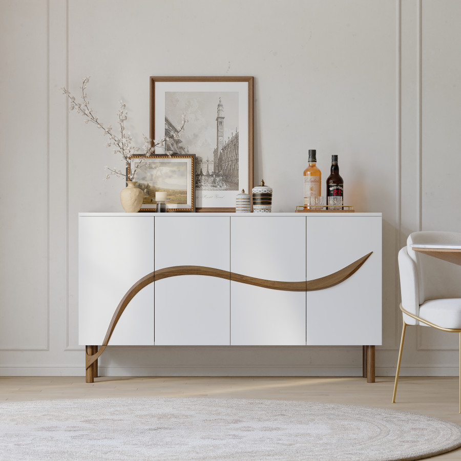 HMR - 63'' White & Walnut Contemporary Sideboard Cabinet 4-Door