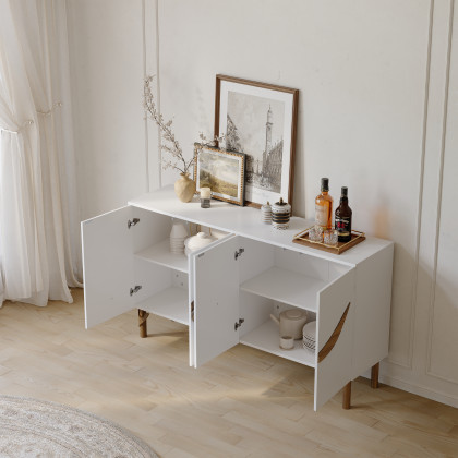 HMR - 63'' White & Walnut Contemporary Sideboard Cabinet 4-Door