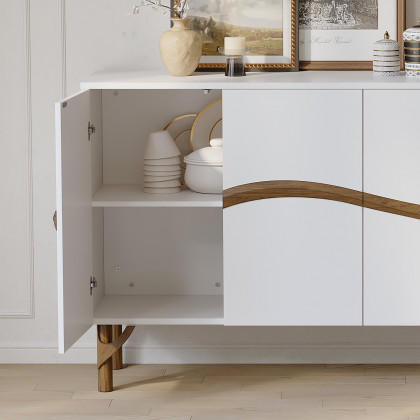 HMR - 63'' White & Walnut Contemporary Sideboard Cabinet 4-Door