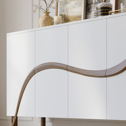 HMR - 63'' White & Walnut Contemporary Sideboard Cabinet 4-Door
