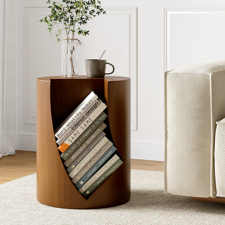 HMR - Modern Walnut Side Table with Open Storage