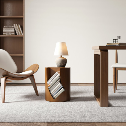 HMR - Modern Walnut Side Table with Open Storage