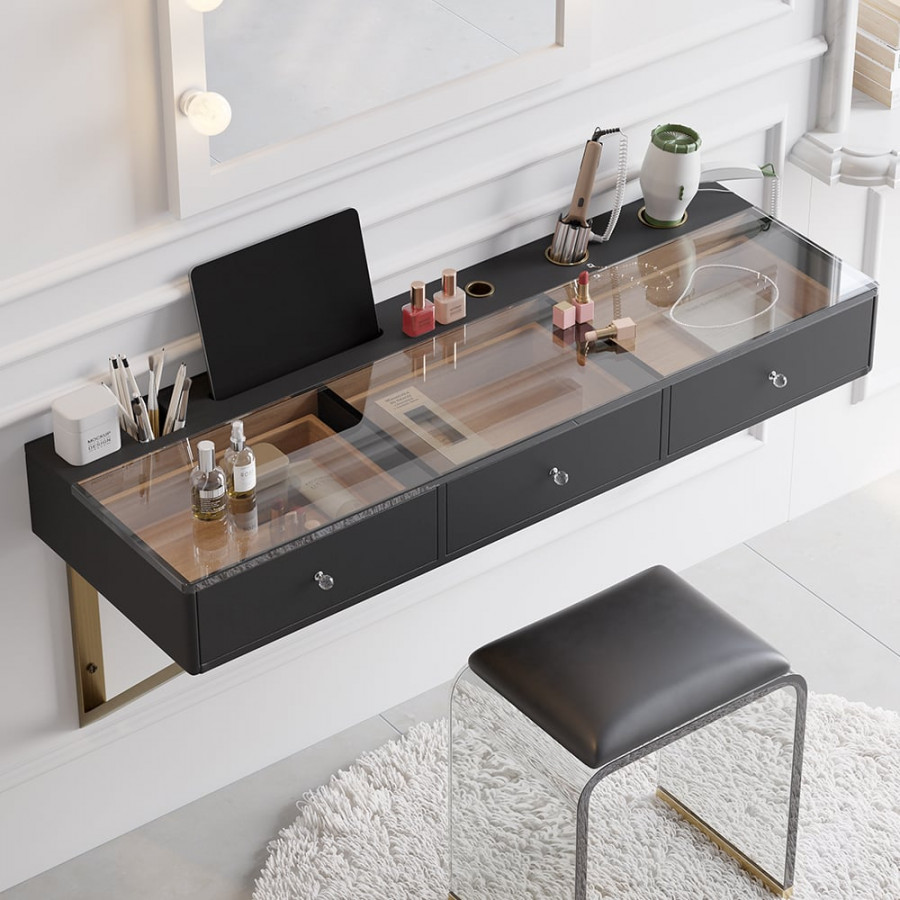 HMR 47" Leather Floating Tempered Glass Top Makeup Vanity - Black