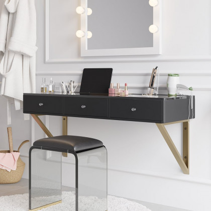 HMR 47" Leather Floating Tempered Glass Top Makeup Vanity - Black