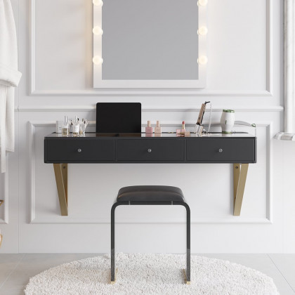 HMR 47" Leather Floating Tempered Glass Top Makeup Vanity - Black