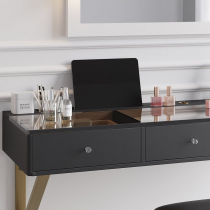 HMR 47" Leather Floating Tempered Glass Top Makeup Vanity - Black