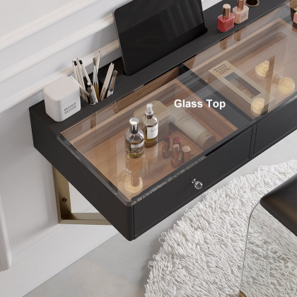 HMR 47" Leather Floating Tempered Glass Top Makeup Vanity - Black