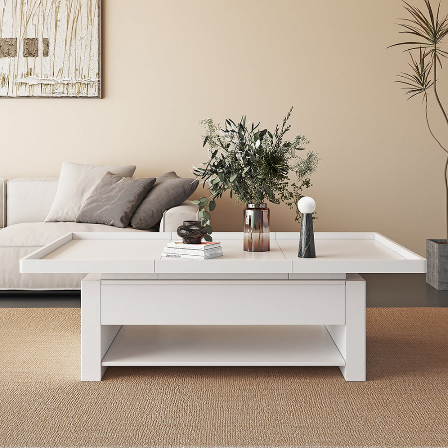 HMR - 62.2" Modern White Extendable Gaming Coffee Table Fluted with Open Storage