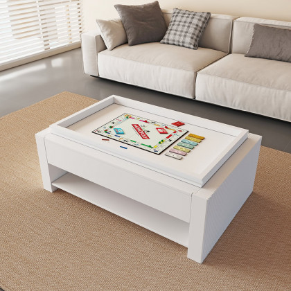 HMR - 62.2" Modern White Extendable Gaming Coffee Table Fluted with Open Storage