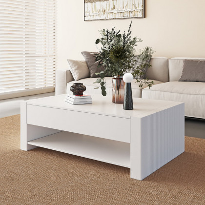HMR - 62.2" Modern White Extendable Gaming Coffee Table Fluted with Open Storage